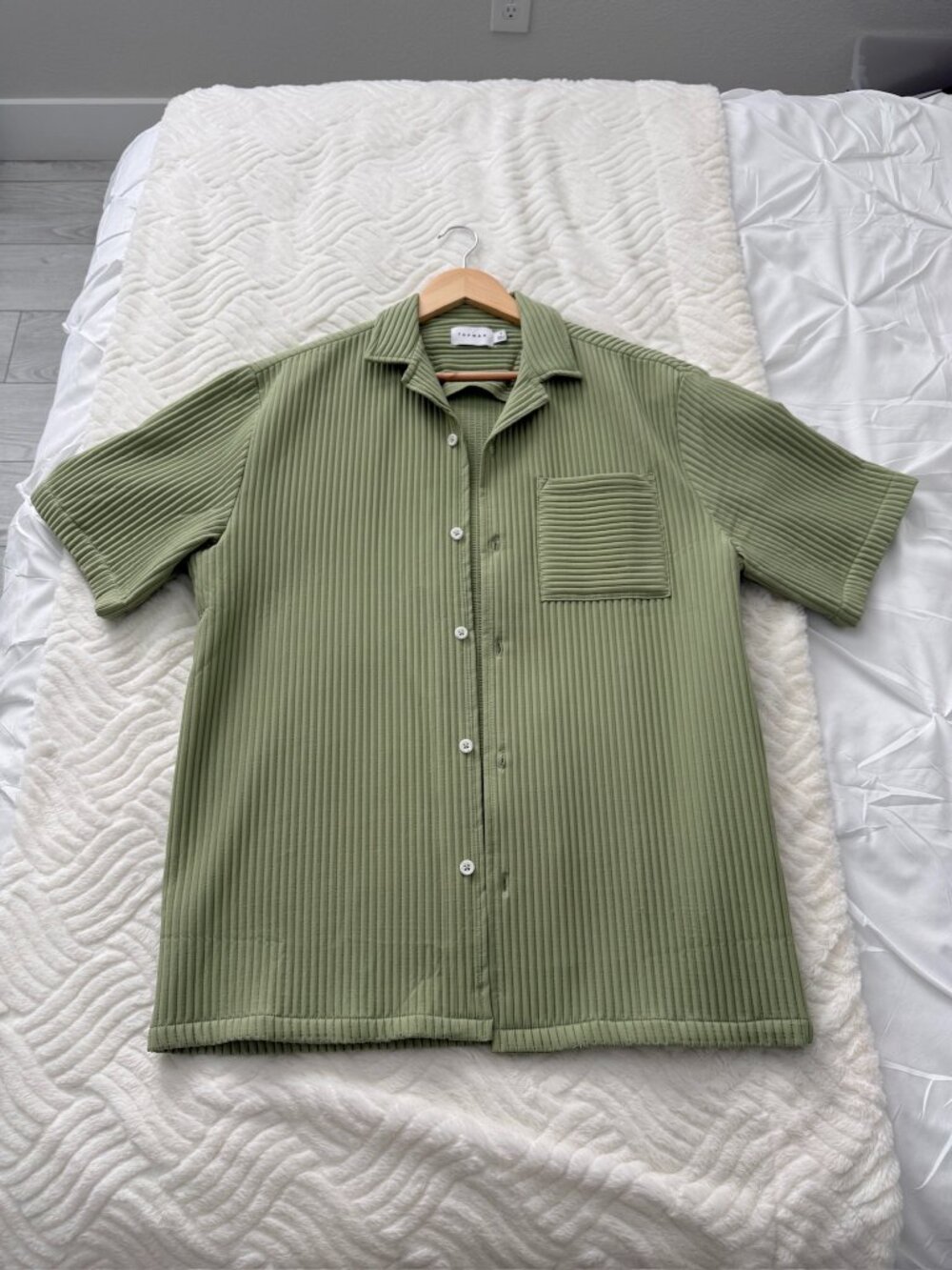 Topman Sage Green Textured Short Sleeve Button-Down